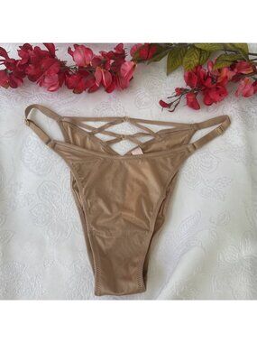 VICTORIA'S SECRET M NUDE TAN SILKY STRAPPY CUT OUT CHARM BRAZILIAN PANTIES NWT